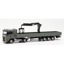 Iveco S-Way ND flat bed semitrailer with crane, grey/yellow 